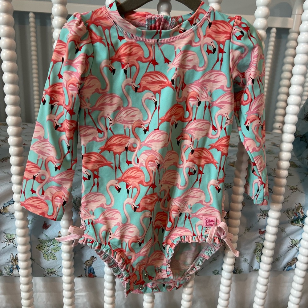 Ruffle Butts Pink & Aqua Flamingo Print Rashgaurd swimsuit